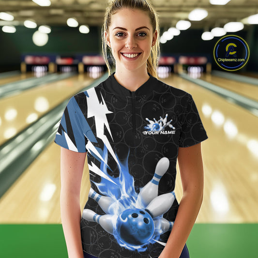 Custom Fiery Blue Bowling Women Quarter-Zip Shirts, Inferno Flame Bowling League Shirt IPHW9527