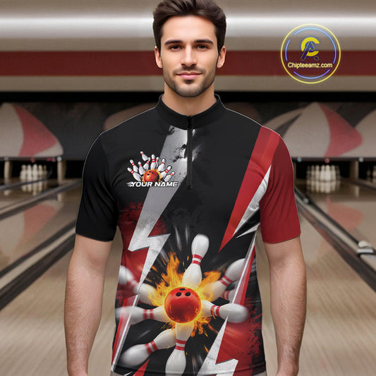 Custom Fiery Red Bowling Men Quarter-Zip Team Shirts, Fire Flame Bowling Jerseys Bowler Outfit IPHW9529