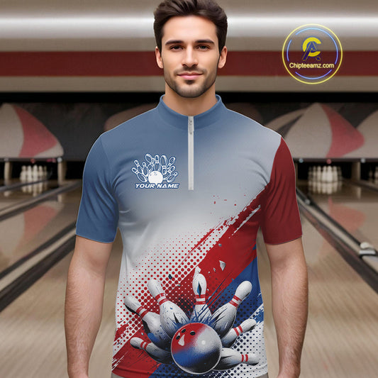 Custom Red, White And Blue Patriotic Bowling Quarter-Zip Shirts For Men, Bowling League Shirt IPHW9544