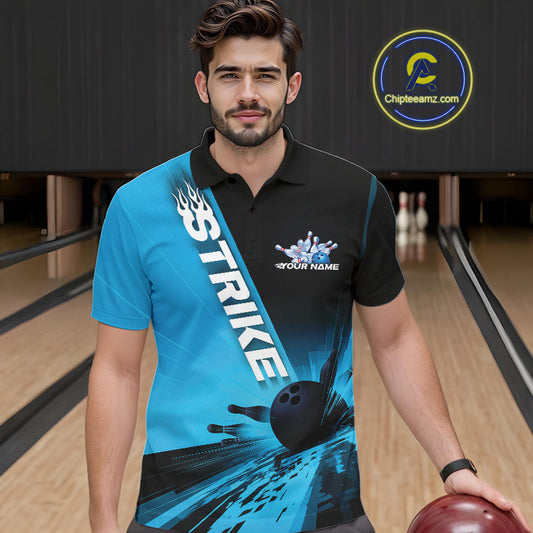 Custom Black And Blue Strike Bowling Polo Shirts For Men, Bowling Team Uniform IPHW9552