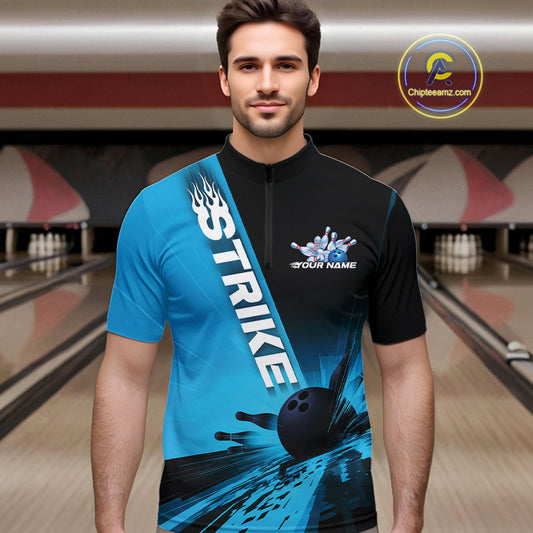 Custom Black And Blue Strike Bowling Quarter-Zip Shirts For Men, Bowling Team Uniform IPHW9552