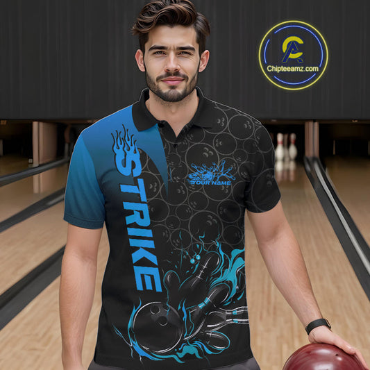 Custom Bowling Pattern Blue Flame Strike Bowling Team Men Polo Shirts, Bowling Jerseys IPHW9416