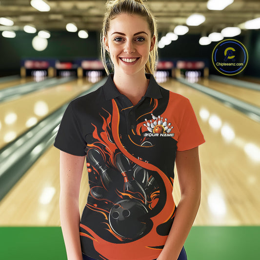 Custom Black And Orange Flame Bowling Women Polo Shirts, Bowling Tournament Team Uniform IPHW9246