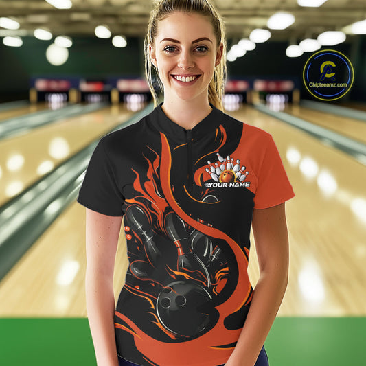 Custom Black And Orange Flame Bowling Women Quarter-Zip Shirt, Bowling Team Uniform IPHW9246