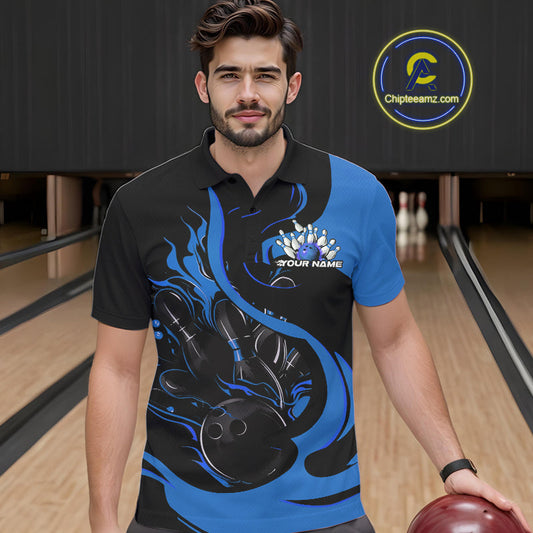 Custom Black And Blue Flame Bowling Polo Shirts For Men, Bowling Tournament Team Uniform IPHW9247