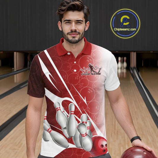 Custom Red Bowling Pattern Bowling Team Polo Shirts For Men, Red Bowling Jerseys IPHW9427