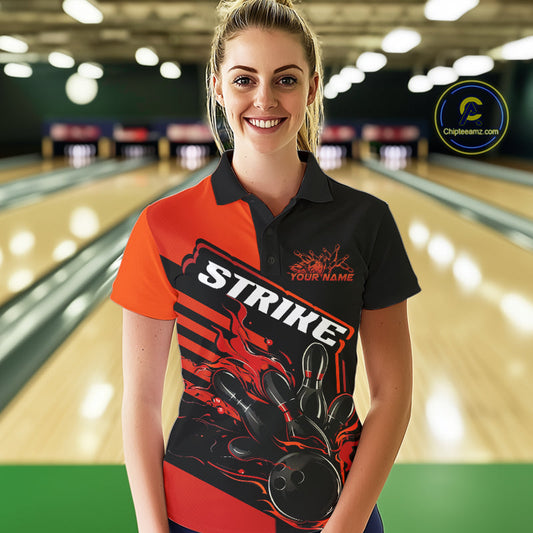 Custom Red Orange Flame Strike Bowling Polo Shirts For Women, Fire Bowling League Shirt IPHW9267