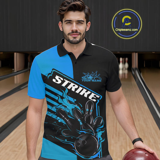 Custom Black And Blue Flame Strike Bowling Polo Shirts For Men, Fire Bowling League Shirt IPHW9268