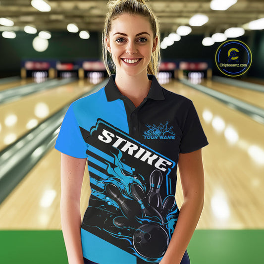 Custom Black And Blue Flame Strike Bowling Polo Shirts For Women, Bowling League Shirt IPHW9268