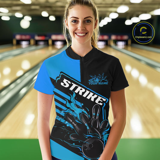 Custom Black And Blue Flame Strike Bowling Women Quarter-Zip Shirt, Bowling League Shirt IPHW9268