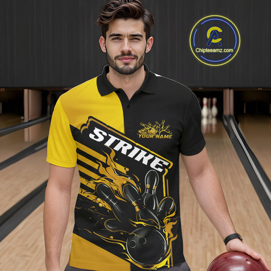 Custom Black And Gold Flame Strike Bowling Polo Shirts For Men, Fire Bowling League Shirt IPHW9270