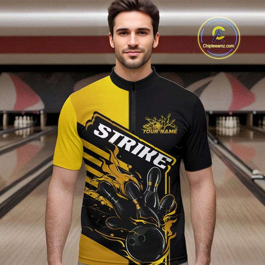 Custom Black And Gold Flame Strike Bowling Quarter-Zip Shirts For Men, Fire Bowling League Shirt IPHW9270