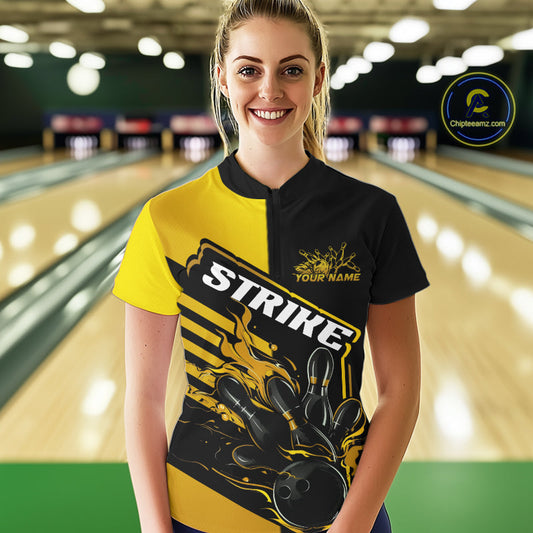 Custom Black And Gold Flame Strike Bowling Women Quarter-Zip Shirt, Bowling League Shirt IPHW9270