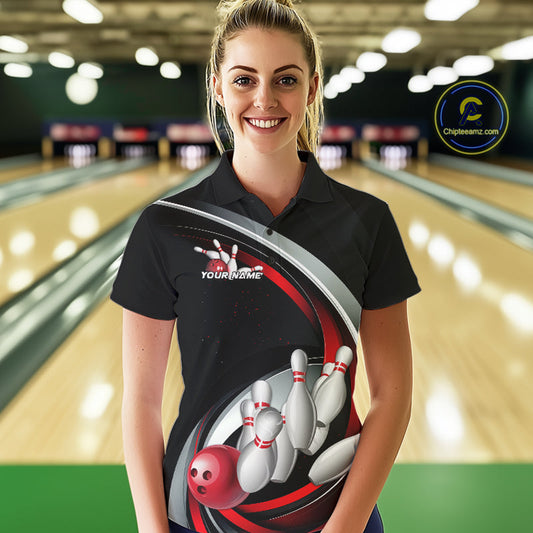 Custom Black And Red Bowling Team Jerseys, Bowler Uniform Bowling Polo Shirts For Women IPHW9276