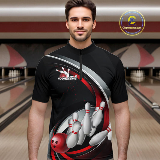Custom Black And Red Bowling Team Jerseys, Bowler Uniform Bowling Quarter-Zip Shirts For Men IPHW9276