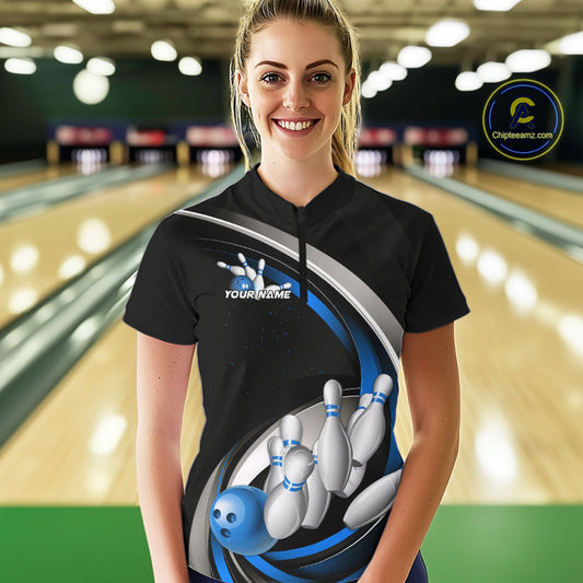Custom Black Blue Bowling Team Jerseys, Bowler Uniform Bowling Women Quarter-Zip Shirts IPHW9277