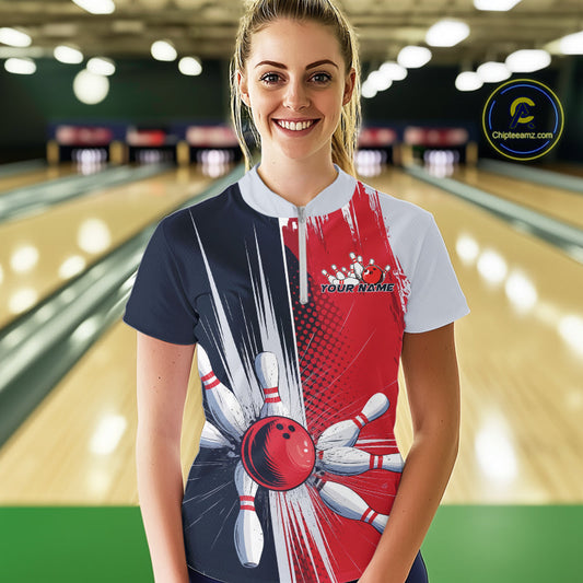 Custom Red, White And Blue Bowling Team Quarter-Zip Shirts For Women, Bowling Jerseys IPHW9546