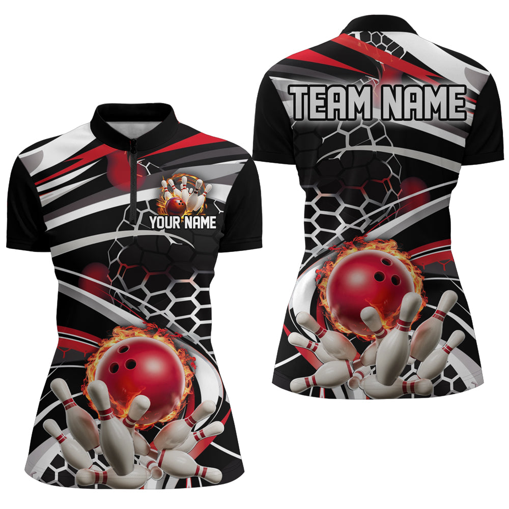 Red And Black Custom Flame Bowling Shirt Outfit Bowling, Ladies Bowling Team League Shirts IPHW6771