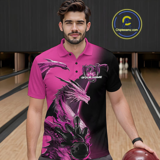 Custom Pink Dragon Flame Bowling Polo Shirts For Men, Bowling Tournament Shirt IPHW9332