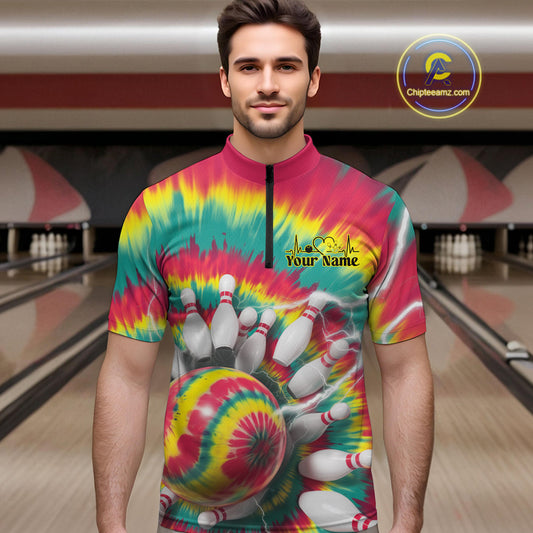 Custom Colorful Tie Dye Bowling Quarter-Zip Shirts For Men, Rainbow Bowling Outfit IPHW9116