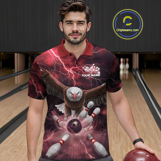 Custom Red Thunder Lightning Eagle Bowling Polo Shirts For Men, Eagle Bowling Jerseys IPHW9366
