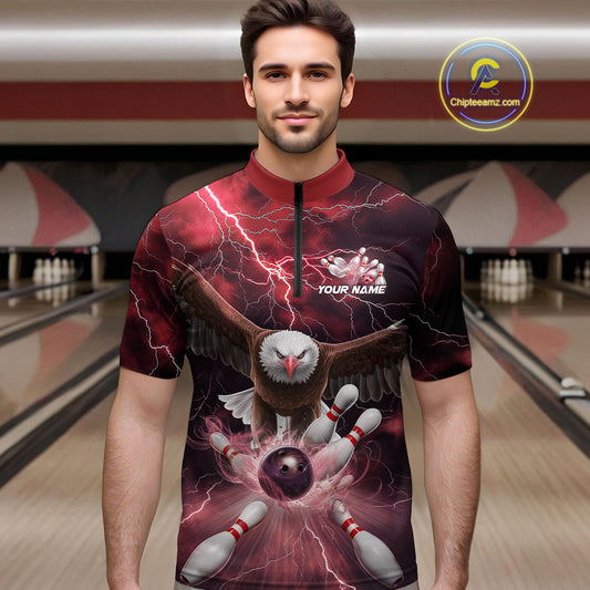 Custom Red Thunder Lightning Eagle Bowling Quarter-Zip Shirts For Men, Eagle Bowling Jerseys IPHW9366