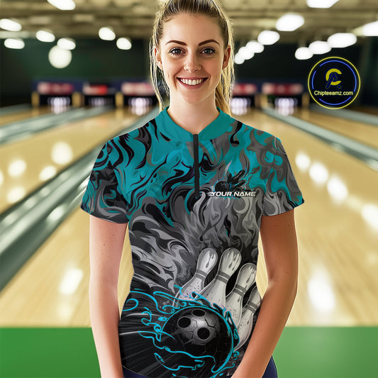Custom Blue Fame Bowling Team Quarter-Zip Shirts For Women, Fire Bowling Jerseys IPHW9560