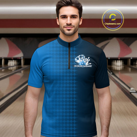 Custom Blue Flame Bowling Quarter-Zip Shirts For Men, Bowling Tournament Team Shirt IPHW9407