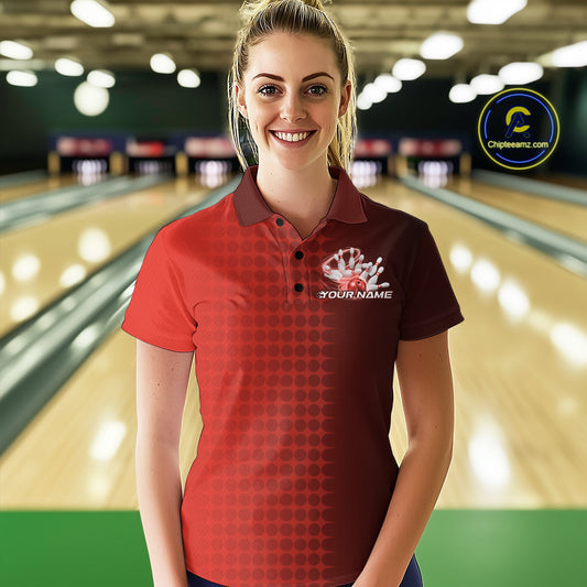 Custom Red Flame Bowling Polo Shirts For Women, Bowling Tournament Team Shirt IPHW9408