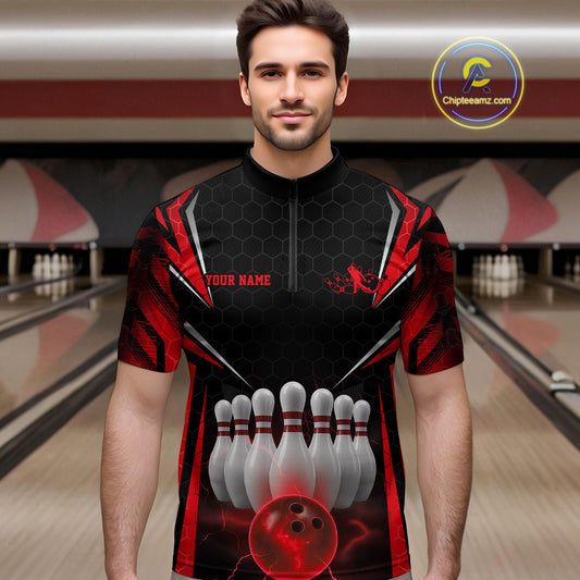 Custom Black And Red Bowling Team Jerseys, Bowler Uniform Bowling Quarter-Zip Shirts For Men IPHW9283
