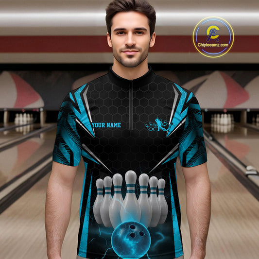 Custom Black And Blue Bowling Team Jerseys, Bowler Uniform Bowling Quarter-Zip Shirts For Men IPHW9284