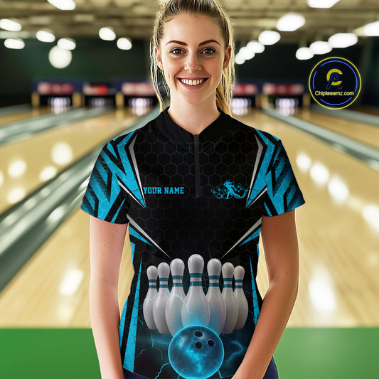 Custom Black And Blue Bowling Team Jersey, Bowler Uniform Bowling Women Quarter-Zip Shirt IPHW9284