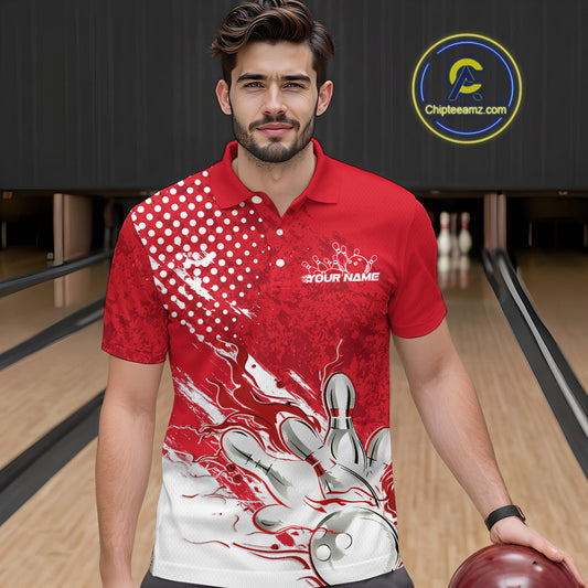 Custom White And Red Bowling Team Polo Shirts For Men, Flame Bowling Jerseys Team Shirt IPHW9618