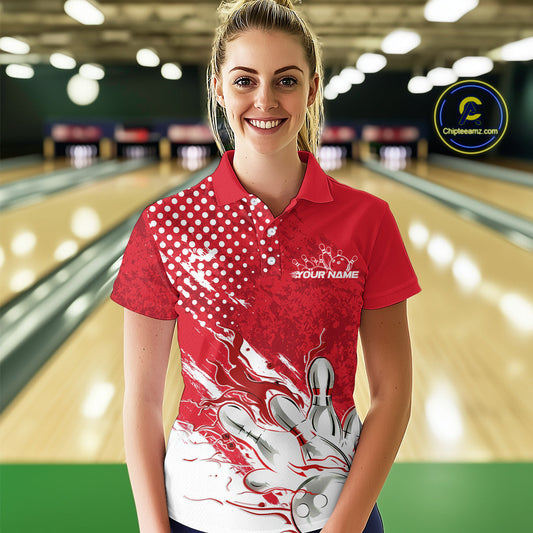 Custom White And Red Bowling Team Polo Shirts For Women, Flame Bowling Jerseys Team Shirt IPHW9618