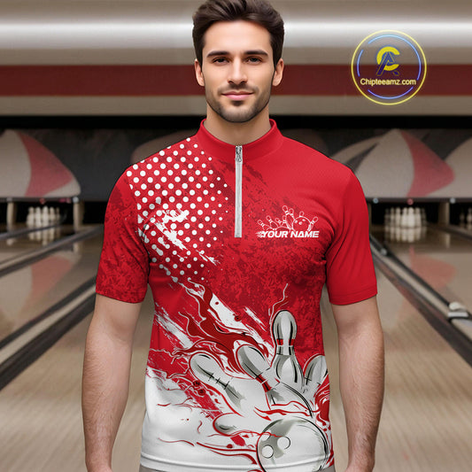 Custom White And Red Bowling Team Quarter-Zip Shirts For Men, Flame Bowling Jerseys Team Shirt IPHW9618