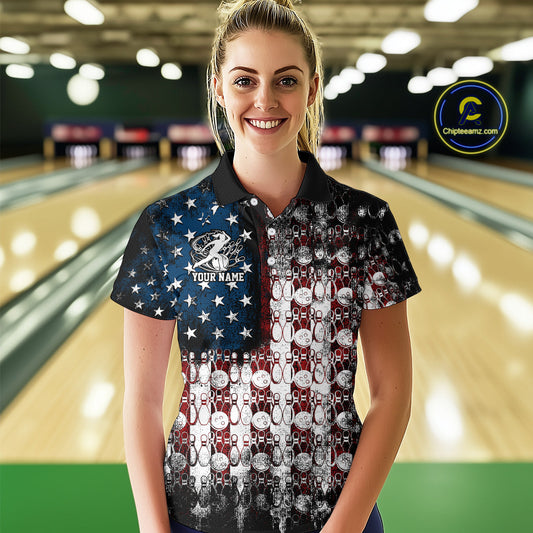 Custom Patriotic US Flag Bowling Women Polo Team Shirts, American Bowling League Shirt IPHW9325