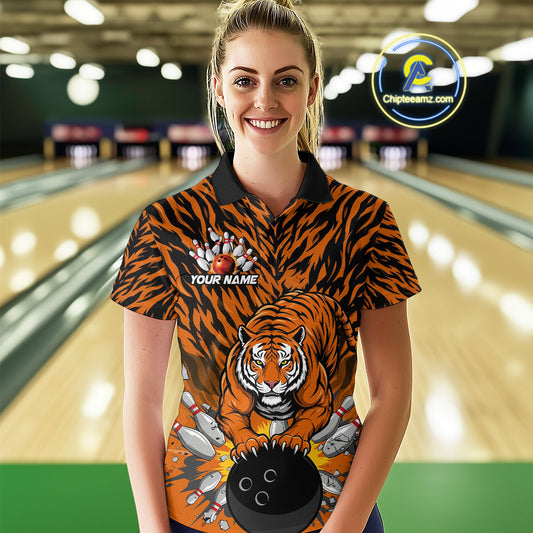 Custom Black And Orange Tiger Print Bowling Polo Team Shirts For Women, Bowling Jerseys IPHW9091