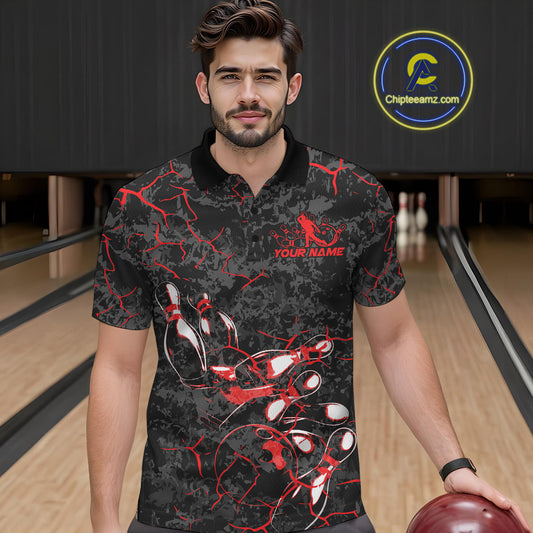 Custom Black And Red Camo Bowling Team Polo Shirts For Men, Bowling League Shirt IPHW9370