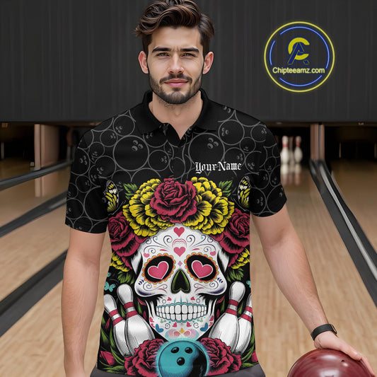 Custom Flower Sugar Skull Bowling Team Polo Shirts For Men, Halloween Bowler Outfit IPHW9750
