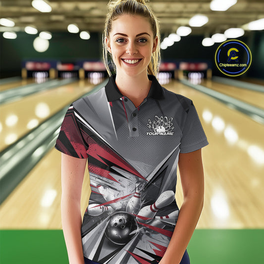 Custom Red And Gray Bowling Polo Team Shirt For Women, Bowler Outfit Bowling League Shirt IPHW9557