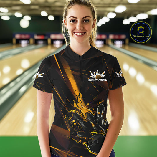 Custom Black And Gold Flame Bowling Team Women Quarter-Zip Shirts, Fire Bowling Jerseys IPHW9614