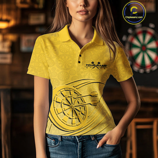 Custom Yellow Darts Polo Shirts For Women, Yellow Dartboard Dart Team Jerseys For Players IPHW9637