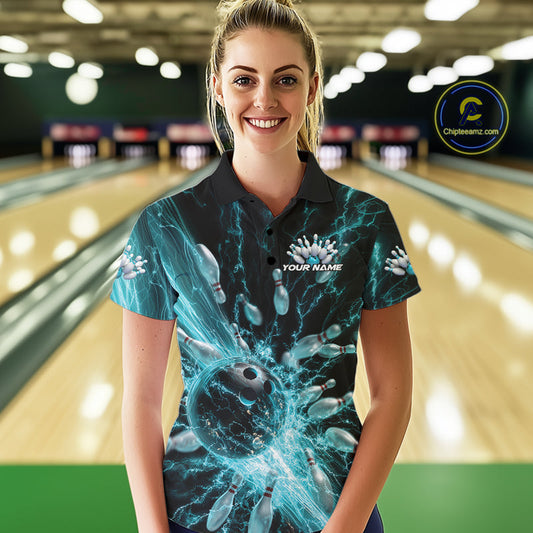 Custom Blue Thunder Lightning Bowling Team Women Polo Shirts, Bowling Jerseys IPHW9742