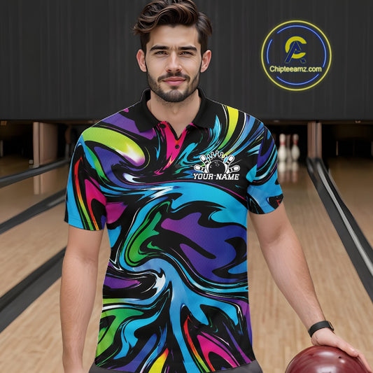 Man wearing a colorful polo shirt with a bowling alley background