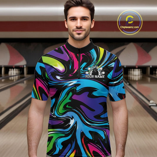 Man wearing a colorful bowling shirt in a bowling alley