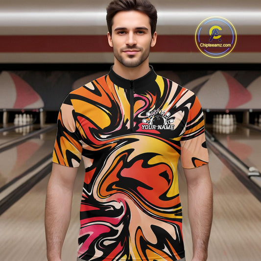 Man wearing a colorful bowling shirt with a design and text on a bowling alley background
