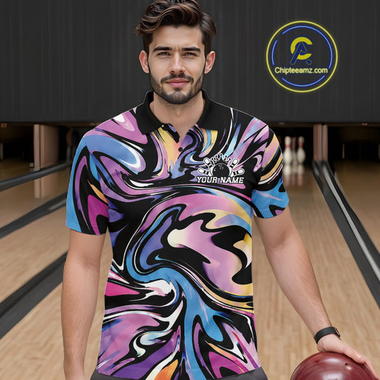 Man wearing a colorful bowling shirt with a personalized name on a bowling alley.