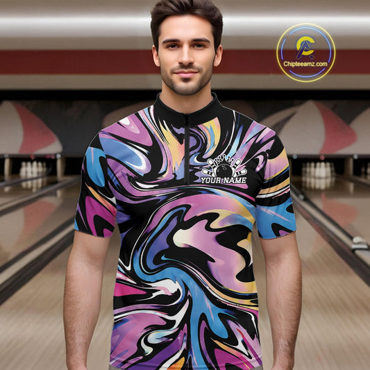 Man wearing a colorful bowling shirt in a bowling alley