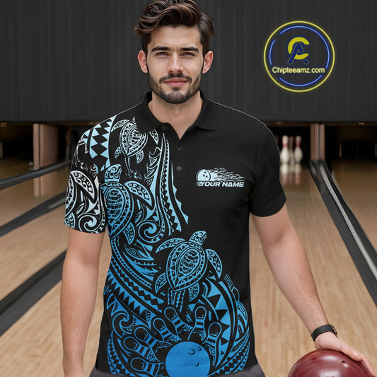 Male model wearing a black and blue bowling polo shirt at the lane with Polynesian-style bowling graphics.