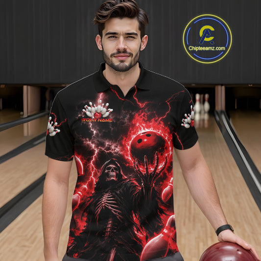 A man wearing a black short-sleeve polo bowling shirt with a red and black graphic print of a grim reaper and bowling balls, standing in a bowling alley.